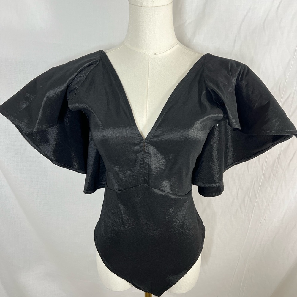 Chic Black Flared Sleeve Bodysuit